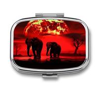 Red Full Moon Elephants Pill Case for Travel, Rectangle Metal Pill Organizer with 2 Compartments, Portable Daily Medicine Box for Purse, Wallet