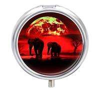 Red Full Moon Elephants Pill Case with 3 Compartments - Portable Travel Pill Organizer for Purse, Easy-Open Button Design, Small Round Pillbox Vitamin Holder Organizer for Women Men