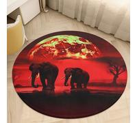 Red Full Moon Elephants Round Area Rug - Non-Slip Circle Doormat for Entryway, Washable Low-Profile Throw Rugs for Living Room, Bedroom, Office, Kitchen, Stain Resistant Floor Mat 90 * 90cm
