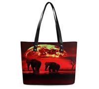 Red Full Moon Elephants Tote Bag Large Soft Leather Purse with Zipper Lightweight Ladies Shoulder Handbag