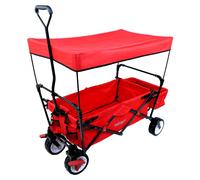 FUXTEC Folding Wagon - Stroller, Hand Cart, Garden Trolley, Festival Wagon, Outdoor, Beach & Loose Ground, Removable Canopy, Pull Handle, 4 Wheels, Rear Bag - CT350 Red