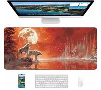 Red Gaming Mouse Pad, Wolf Large Mouse Mat 900x400x3mm, Desk Pad with Stitched Edges, Keyboard Mat with Waterproof Non-Slip Rubber Base, Desk Accessories and PC Accessories, Gifts for Women 2-7093