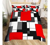 Red Geometric Duvet Cover Set Double Size, Black White Grey Square Bedding Set 3pcs for Kids Boys Girls Bedroom Decor, Modern Abstract Comforter Cover Checkered Quilt Cover with 2 Pillowcases