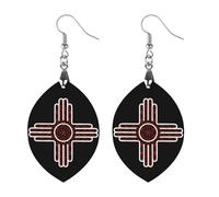 Red Geometry New Mexico Flag Wooden Earrings Artistic Wood Pendants Vintage Earring Hooks Jewelry for Women Apricot Shaped