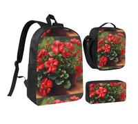 Red Geraniums 17 Inch Backpack Lunch Bag Pencil Case Set, Cute Print, Durable Oxford Cloth.