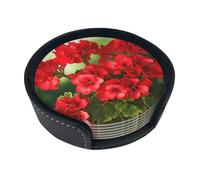 Red Geraniums Coasters For Drinks Set Of 6 Leather Tea Cup Coaster Drink Coasters For Cup Kitchen Bar Home Decor Housewarming Gift