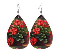 Red geraniums Leather Earring. Stylish teardrop shape, perfect for women, and a great decorative choice for parties and holidays.