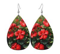 Red geraniums Leather earrings, teardrop-shaped pendant jewelry, versatile and stylish women's accessories.