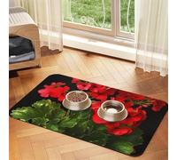 Red Geraniums Pet Feeding Mat Absorbent Pu Leather Dog Cat Food Mats Contain Spills Protects Floors, Anti-Slip Rubber Backing Dog Bowl Mats Easy Clean Pet Placemats 30x45cm
