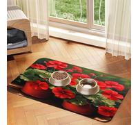 Red Geraniums Pet Food Mat 17.2x11.81in Absorbent Non-Slip PU Leather Feeding Mat for Dogs Cats Rubber Bottom Fast Drying Rollable Pet Bowl Placemat