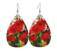 Red geraniums Printed Teardrop Pendant Leather Earrings | Lightweight and Versatile Earrings | Suitable for Daily Commute and Date Wear
