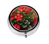 Red Geraniums Round Pill boxï¼ŒPill Boxï¼Œ Portable On-The-Go Pocket Pharmacy,
