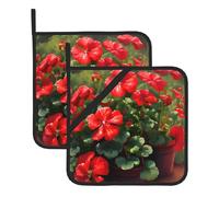 Red Geraniums Set Of 2 Pot Holders, Kitchen Potholder Set, 8 X 8 Inches, &Perfect For Everyday Baking And Cooking.