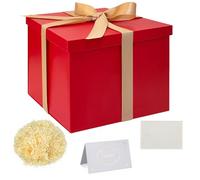 Red Gift Box with Lids 23x23x18cm Deep Gift Box with Ribbon Shredded Tissue Paper Greeting Cards for Christmas Birthday Wedding Anniversary
