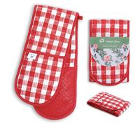 Red Gingham Christmas Oven Gloves Vichy check | Thick Potholders Heat Resistant | Quilted Cotton & Silicone Non-Slip Design Pot Holders | Machine Washable Thick Gloves Oven Mitts Kitchen Accessories