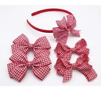Red Gingham Hair Accessories Set Including 4 Check Hair Bow Clips & 1 Hairband - Ideal for Matching BTS Back to School Summer Dresses Uniform, Perfect for Girls School Dress