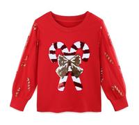Red Girls Glitter Long Sleeve T Shirt Christmas Flip Sequin Candy Cane Top