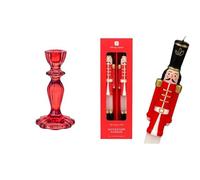 Red Glass Candlestick Holder & Nutcracker Dinner Candles Christmas Table Bundle