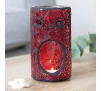Red Glass Pillar Shaped Oil, Wax Melt Burner. Mirrored Crackle Effect. H14.5 Cm