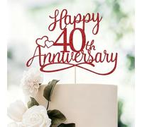 Red Glitter 40th Wedding Anniversary Cake Topper for Ruby Anniversary Décor | 'Happy 40th Anniversary' text, Premium glitter paper, 16cm x 14cm, with sticks and glue dot, Adult celebration decoration
