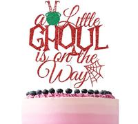 Red Glitter A Little Ghoul is on the Way Cake Topper, A Little Boo is Almost Due Cake Decor, Halloween Scary Gothic Themed Baby Shower Gender Reveal Party Decorations Supplies