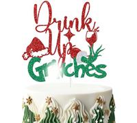 Red Glitter Drink Up Grinches Cake Topper, Xmas Tree Santa Hat Deer Winter Decor, Christmas Xmas Holiday Party Dcorations Supplies