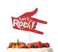 Red Glitter Let’s Rock Cake Topper Cheer to Rock and Roll Theme Decor Supplies Men Women Birthday Party Decorations