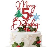 Red Glitter Merry 5th Birthday Cake Topper, Christmas Xmas Santa Holiday 5th Birthday Party Decorations Supplies for Kids Boys Girls