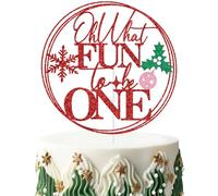 Red Glitter Oh What Fun to be One Cake Topper, Snowflake Winter Onederland Decor, Christmas Xmas Holiday Baby's 1st Birthday Party Decorations Supplies