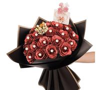 Red Glitter Roses Bouquet,25 Pcs DIY Artificial Bouquet of Shiny Red Valentine's Day Faux Rose Flowers Bouquet with Stem Pearl Crown for Mothers Day,Graduation Gifts Wedding Anniversary