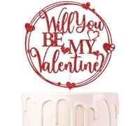 Red Glitter Will You Be My Valentine? Cake Topper, Be My Valentine/Happy Valentine's Day, Sweetheart Wedding Anniversary Party Decorations Supplies