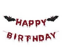 Red Glittery Happy Birthday Halloween Banner, Simple Suspension Halloween Birthday Party Supplies Horror Themed Birthday Decorations, Bat Vampire Halloween Party Scary Horror Party Decorations