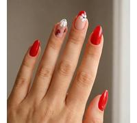 Red Glossy Almond Press On Nails with Ladybug Floral Design - Short Reusable French Tip Manicure Kit for Easy DIY Application & Everyday Wear, Classic Polished Look, Glossy Finish, Convenient Home Use