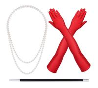 Red Gloves Necklace Holder Set for Women 1920s Flapper Costume Accessories | Long Red Satin Gloves, Long Faux Pearl Necklace, Plastic Holder for Gatsby Roaring 20s Party Cosplay Halloween Dress Up