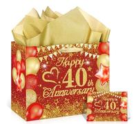 Red Gold 40th Anniversary Party Gift Bag with Tissue Papers and Card, 11.8'' 40th Wedding Anniversary Paper Gift Wrapping Bag for Women Men 40 Years Wedding Party Decor Supplies