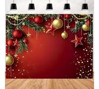 Red Gold Christmas Backdrop 7 * 5ft Pine Garland Xmas Wall Photo Background | Green Pine Sprigs Glossy Bauble Red Star Gold Confetti for Family Holiday Portrait Xmas Party Studio Booth Home Wall Decor