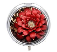 Red Gold Flower Pill Box Cute Round Small Pill Organizer Portable with 3 Compartments Travel Metal Pill Case for Pocket Or Purse Privacy Protecting Medicine Box