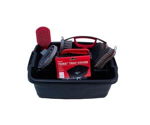 Red Gorilla Horse Grooming Kit 9 Piece Equestrian Care Gift Set 4 Brushes Sweat Scraper Curry Comb Hoof Pick Red Tray and Waterproof Cover (Black)