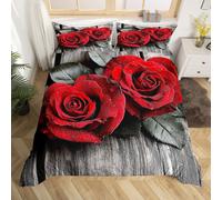 (Red Gray, Single(No Comforter)) Red Rose Comforter Cover Double for Girls Lovers Women,Vintage Farmhouse Style Duvet Cover Set,Coffee Cup Romantic Love Heart Quilt Cover,Valentine