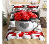 (Red Gray White, King(No Comforter)) Red Rose Comforter Cover Double for Girls Lovers Women,Vintage Farmhouse Style Duvet Cover Set,Coffee Cup Romantic Love Heart Quilt Cover,Valentine