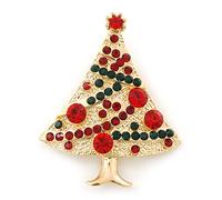 Red, Green Austrian Crystals Christmas Tree Brooch In Gold Plating - 50mm Length