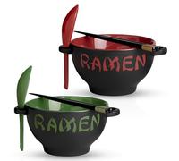 Red & Green Ceramic Ramen Bowl Set with Chopsticks and Spoon - Set of 2 Microwavable Kitchen Noodle Bowl for Instant Noodles, Pho, Udon Noodles, Miso Soup - Japanese Ramen Bowls Ceramic Gifts (21 oz)