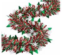 Red Green Christmas Tinsel Garland with Tree & Snowflake Design, 10m x 9cm | Shiny Thick Xmas Tree Decorations Metallic Twist Foil Garland, Tinsel for Xmas Tree Stairs Fireplace Home Party Office Decor