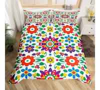 (Red Green, Double(No Comforter)) Homewish Mandala Bedding,Boho Flower Bed Set for Kids Girls,Rainbow Vintage Floral Duvet Cover Double,Plant Botanical Bed Cover,Bohemian Style