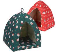 URBNLIVING Foldable Red Green Christmas Design Cozy Warm Sleeping Cat House Triangle Tent for Pet with Carrying Handle Anti slip Rabbit Kitten Washable Bed Puppy Dog Igloo Cave Kennel Indoor Xmas Gift