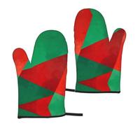 Red Green Geometry Print Oven Mitts, Polyester Kitchen Mitts for Baking, Grilling and Everyday Cooking