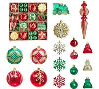 Red Green Gold Christmas Balls 60PCS 8cm Pack(Color 1) | Unique train snowflake designs, festive holiday for vibe, 60-piece bulk set, perfect for large trees