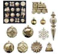 Red Green Gold Christmas Balls 60PCS 8cm Pack(Color 6) | Unique train snowflake designs, festive holiday for vibe, 60-piece bulk set, perfect for large trees