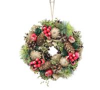 (Red, Green & Gold Glitter) 25cm Christmas Pinecone Wreath w/ Jute Hanger Decoration