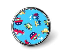 Red Green Little Transport Cars Seamless on a Light Blue Background Round Brooch Pin, Unisex Smooth Surface Lapel Tie Pin, Lightweight Badge Jewelry Crafts Decor for Costume Accessory Men Women